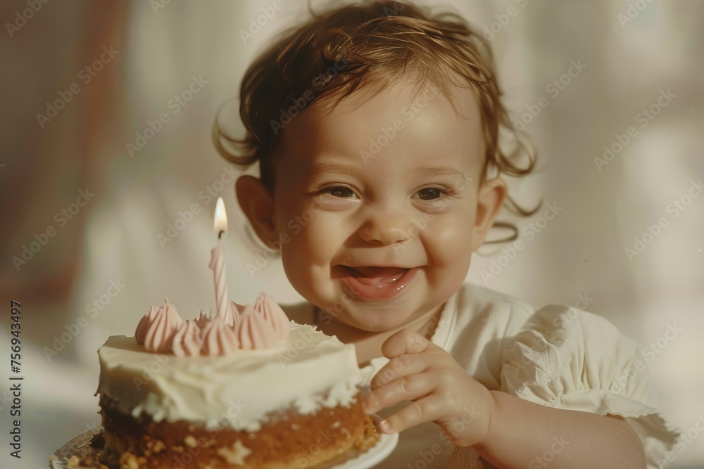 a baby holding a birthday cake with one candle, smiling happily a baby holding a birthday cake with one candle, smiling happily