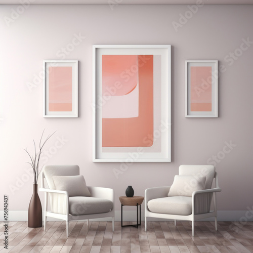 A clean room features two gray chairs and a white picture frame, subtly lit, showcasing minimalist line art in light pink and light amber.