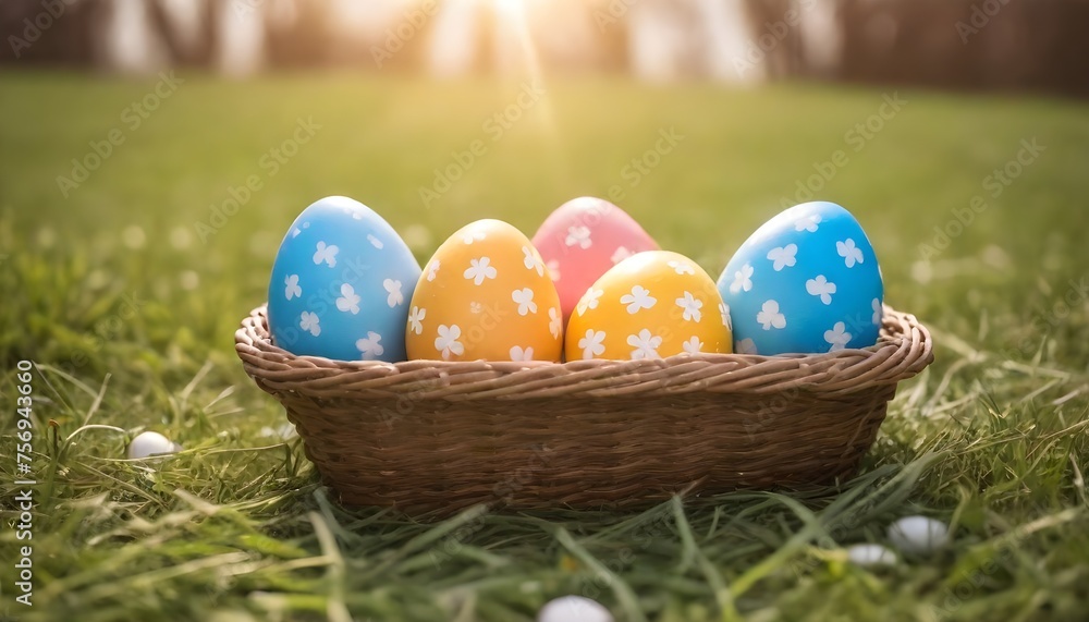 Easter eggs in a small wicker basket on grass with sunlight in the background