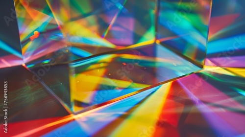 Close-up of a crystal prism reflecting vibrant rainbow colors. Abstract photography with a focus on geometric shapes and light spectrum