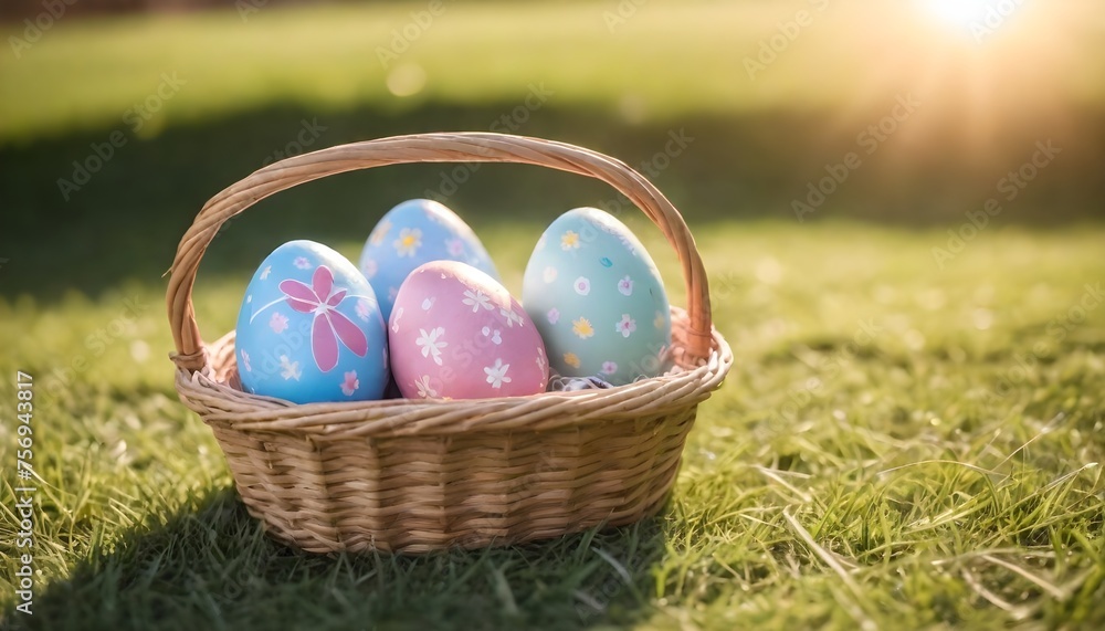 Easter eggs in a small wicker basket on grass with sunlight in the background