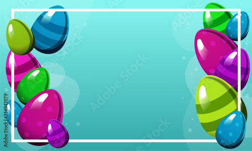 Rectangular frame with colorful Easter eggs for text on blue background. Vector for design card