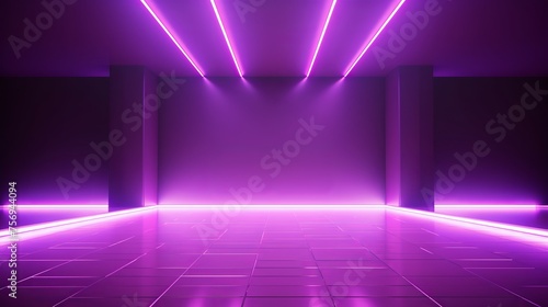 Abstract purple background with neon glow in an empty room with spotlights and lights.