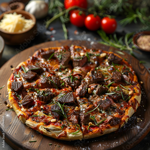 A tasty pizza topped with meat and cheese is displayed on a rustic wooden cutting board, perfect for any mealtime or gathering