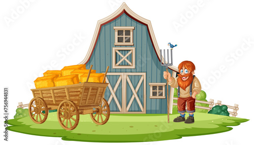 Cheerful farmer standing by hay cart outside barn.