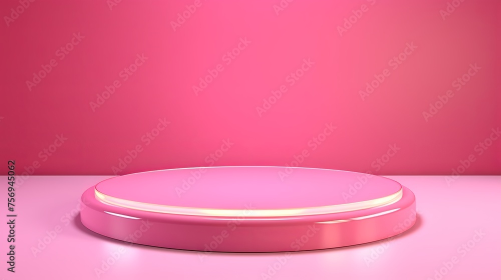 An empty podium or stand awaits product showcase against a pink background, bathed in bright pink hues under hard lighting, ideal for cosmetic product presentations. An empty podium or stand awaits product showcase against a pink background, bathed in bright pink hues under hard lighting, ideal for cosmetic product presentations.