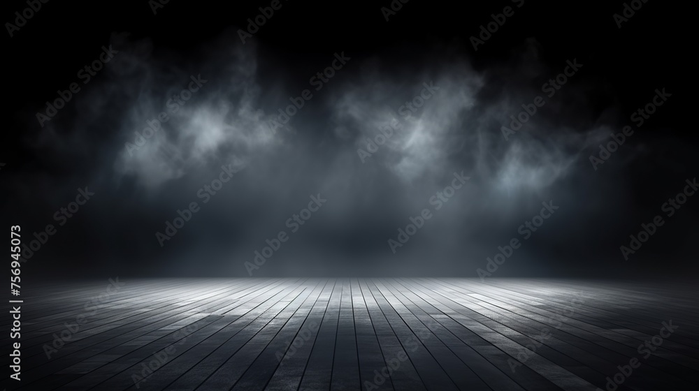 An empty dark room with lights, smoke, glow, and rays creates a mysterious ambiance.