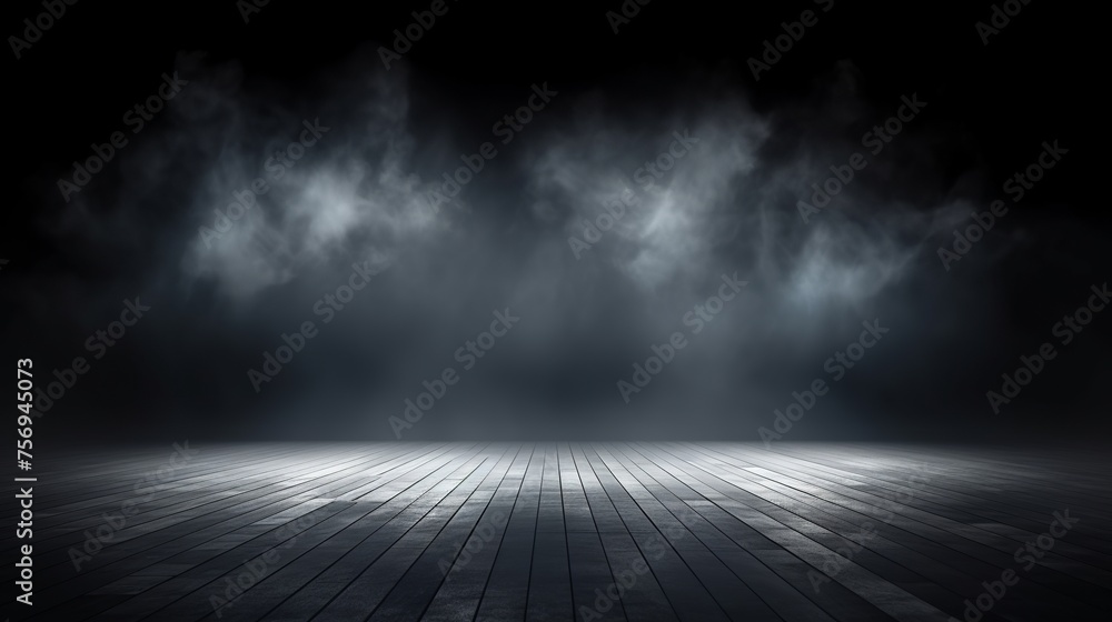 An empty dark room with lights, smoke, glow, and rays creates a mysterious ambiance. An empty dark room with lights, smoke, glow, and rays creates a mysterious ambiance.