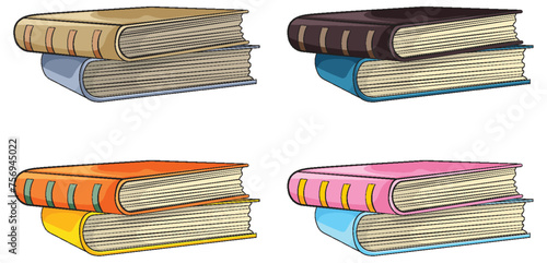 Four stacked books in a vibrant vector style