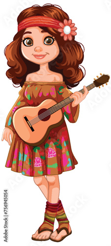 Animated girl with guitar in boho style dress.
