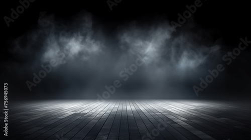 An empty dark room with lights, smoke, glow, and rays creates a mysterious ambiance.