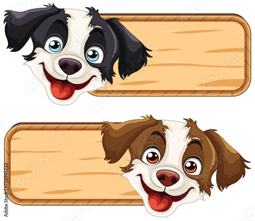 Two cheerful dogs with blank wooden signs.