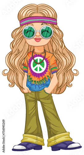 Colorful, retro-styled hippie girl in vibrant attire.
