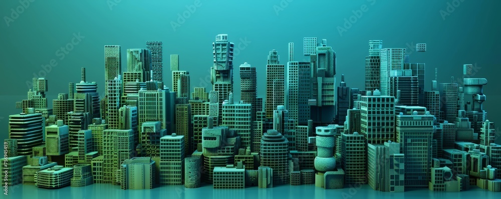 Digital rendering of a complex cityscape with teal lighting. 3D illustration for urban development and architecture concept. Design for background