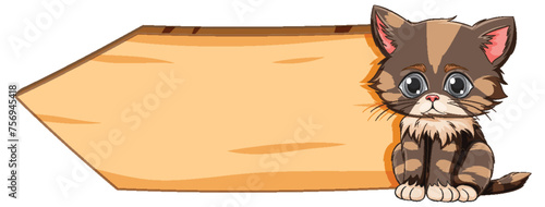 Adorable cartoon kitten sitting beside a sign