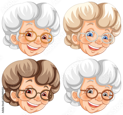 Four cheerful elderly women with glasses smiling.