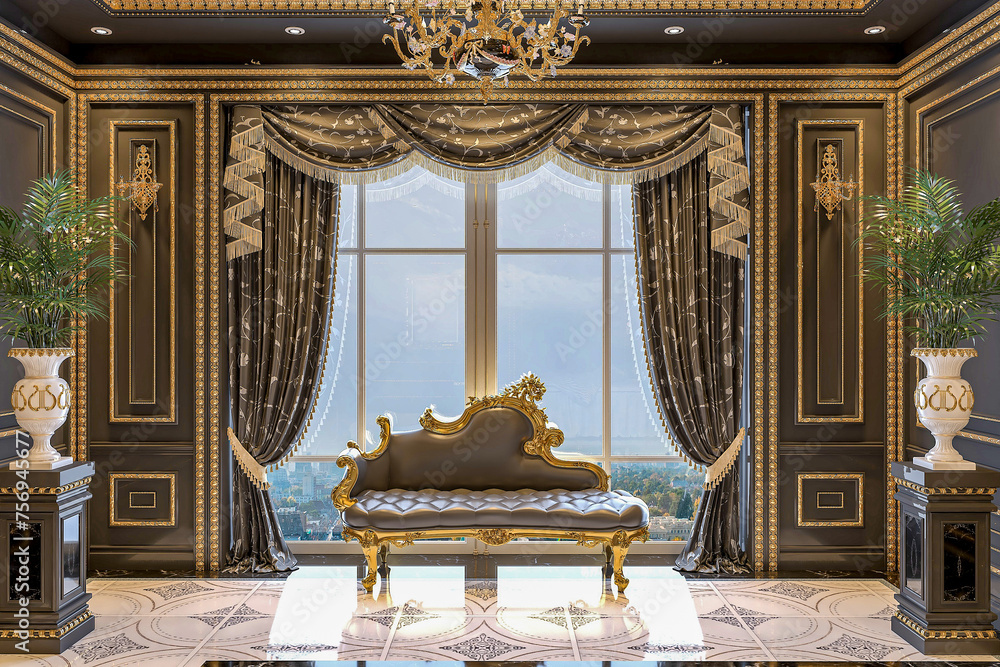 A gray couch placement in the ornate black and gold room on the marble floor