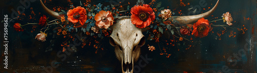 A bohemian animal skull adorned with a vibrant flower crown photo