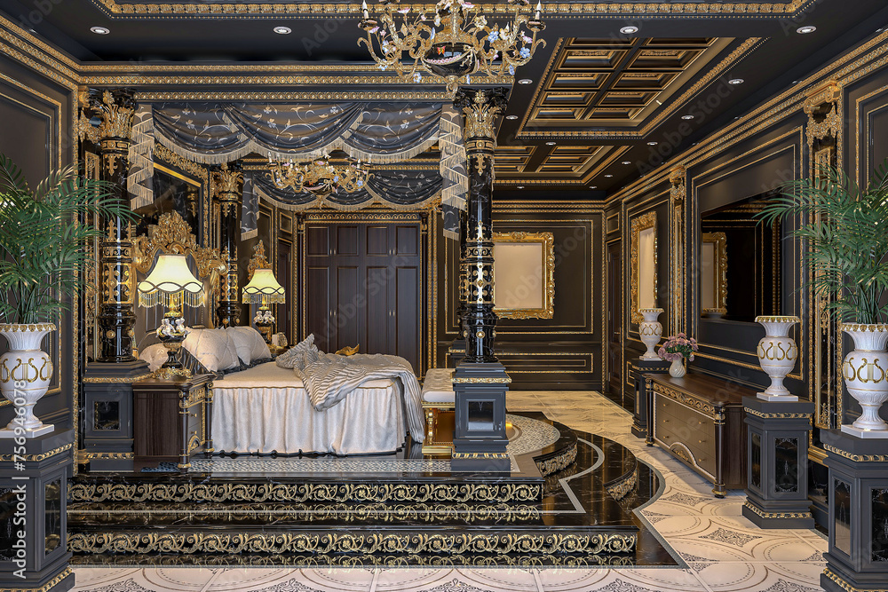 The modern bedroom with a large, ornate bed with a golden canopy.