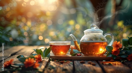 Teacup and teapot on wooden table, natural background