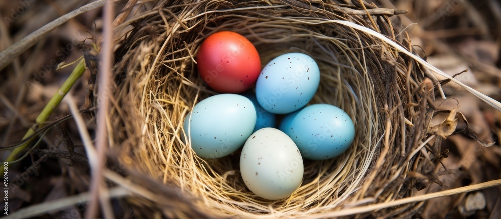 A bird nest made of twigs and natural materials is filled with blue and white eggs, along with a single red egg. The ovalshaped eggs lay nestled in a bed of straw