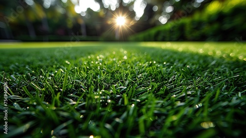 Close-up background of a green grass football field in a low angle shot.