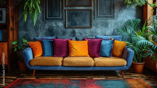 Modern style living room with pillows and a sofa decorated in colorful, eye-catching colors. © PT