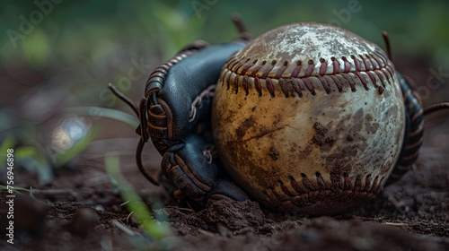 Softball mit Handschuh an der Base: Sportive Activity, Baseball Game Scene, Athlete Playing Softball, Generative Ai © Dzynee