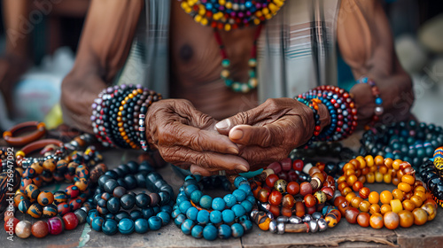 Street Vendor Bracelets: Handmade Jewelry Display, Ethnic Bracelet Collection, Artisan Accessories, Generative Ai