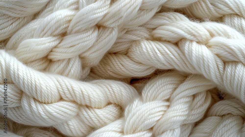 Thick knitting thread, bright white, beautifully twisted. Showing the surface of the rope fibers.