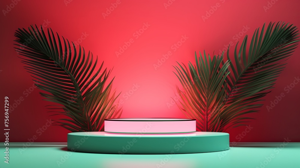 Palm tree leaves on abstract background with podiums in neon light. Trendy geometric shapes for products. Red and green gradient light. Minimalism, 90s, 80s concept Palm tree leaves on abstract background with podiums in neon light. Trendy geometric shapes for products. Red and green gradient light. Minimalism, 90s, 80s concept