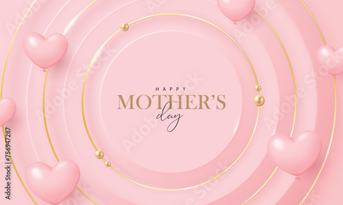 Mother's day banner with heart-shaped balloons on pink background. 