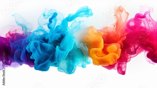 Rainbow-colored ink swirling in water, captured against a pristine white backdrop.