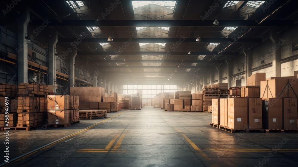 A warehouse filled with cargo, awaiting action in an empty space. - obrazy, fototapety, plakaty 