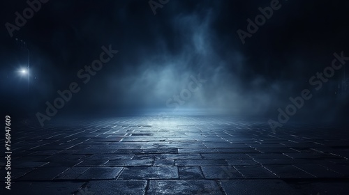 Texture of a dark concrete floor with fog or mist, set against a dark street backdrop with neon lights.