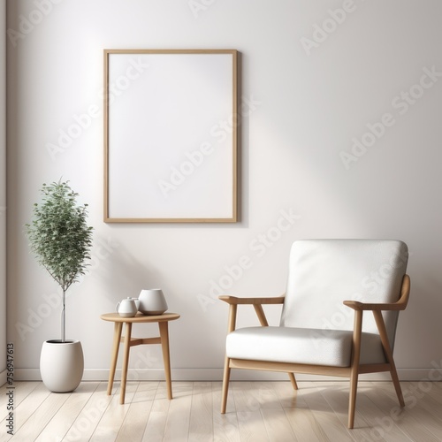 Empty frame in a living room interior with an armchair.