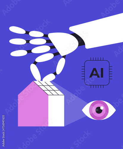 Installation of solar panel. Robot on the roof of a house installs photovoltaic solar panels of alternative energy. Electric batteries. Flat vector illustration.