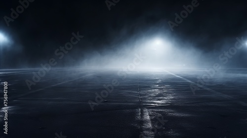 Texture of a dark concrete floor with fog or mist, set against a dark street backdrop with neon lights.