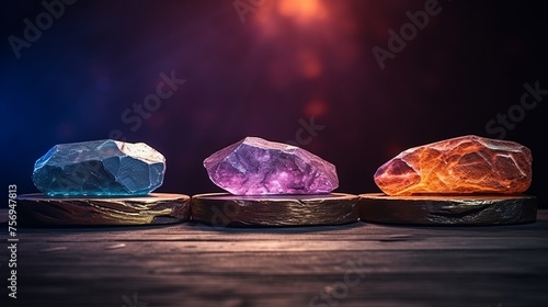 Textured stones arranged as a podium background, illuminated by colored light.