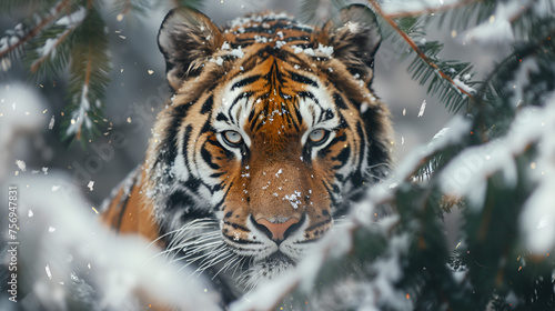 Tiger Looks Out from Behind the Trees  Wildlife Photography  Jungle Animal Portrait  Wild Tiger Staring  Generative Ai