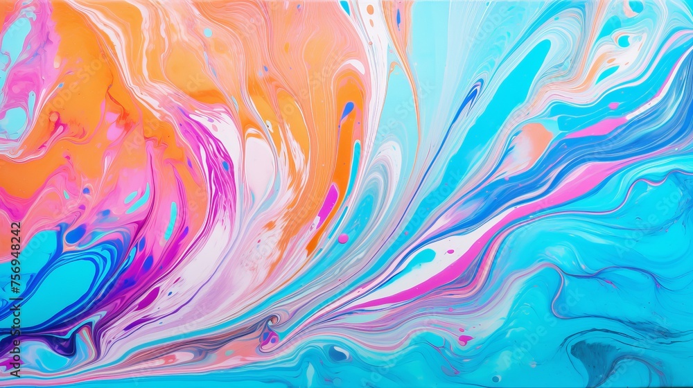 Vibrant abstract painting with fluid marbling paint creating an intense mix of colorful acrylics.