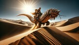 A desert nomad on a massive sandworm, traversing an endless dune sea under a scorching sun.