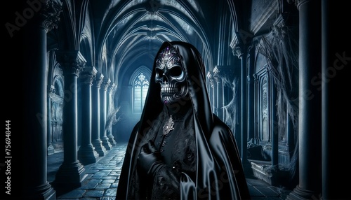 A figure covered in a black silk cloak, wearing a skull mask with silver and purple accents, standing in an ancient, moonlit crypt with gothic archite.