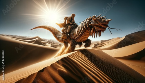 A desert nomad on a massive sandworm, traversing an endless dune sea under a scorching sun. photo