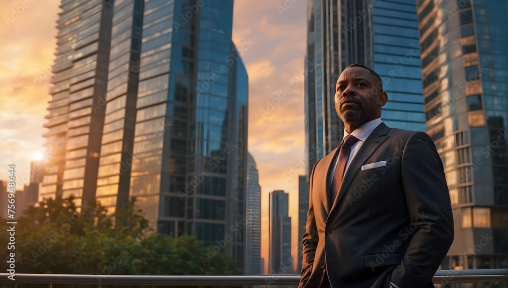 Fototapeta premium happy wealthy rich successful black businessman standing in big city modern skyscrapers street on sunset thinking of successful vision