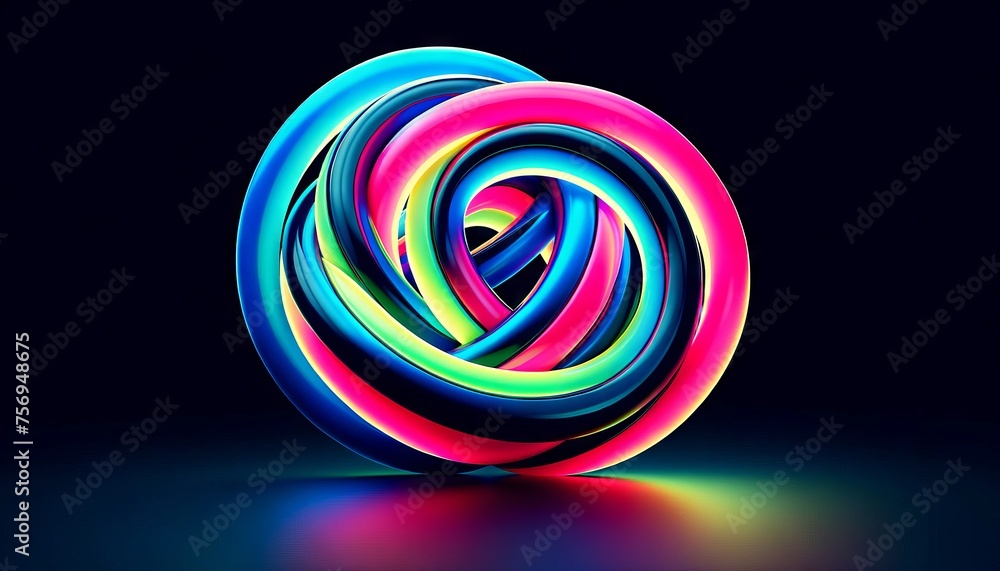 An abstract art piece featuring a series of interlocking rings in bright, contrasting colors such as electric blue, hot pink, and lime green. An abstract art piece featuring a series of interlocking rings in bright, contrasting colors such as electric blue, hot pink, and lime green.