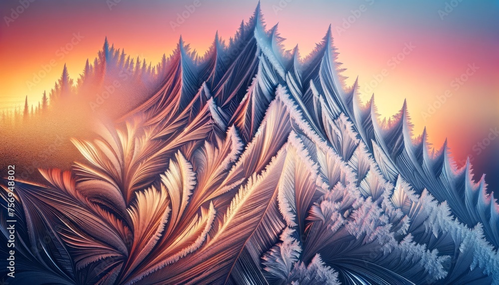 Close-up of intricate frost patterns on a window, mimicking the shape of a majestic mountain range. - obrazy, fototapety, plakaty 