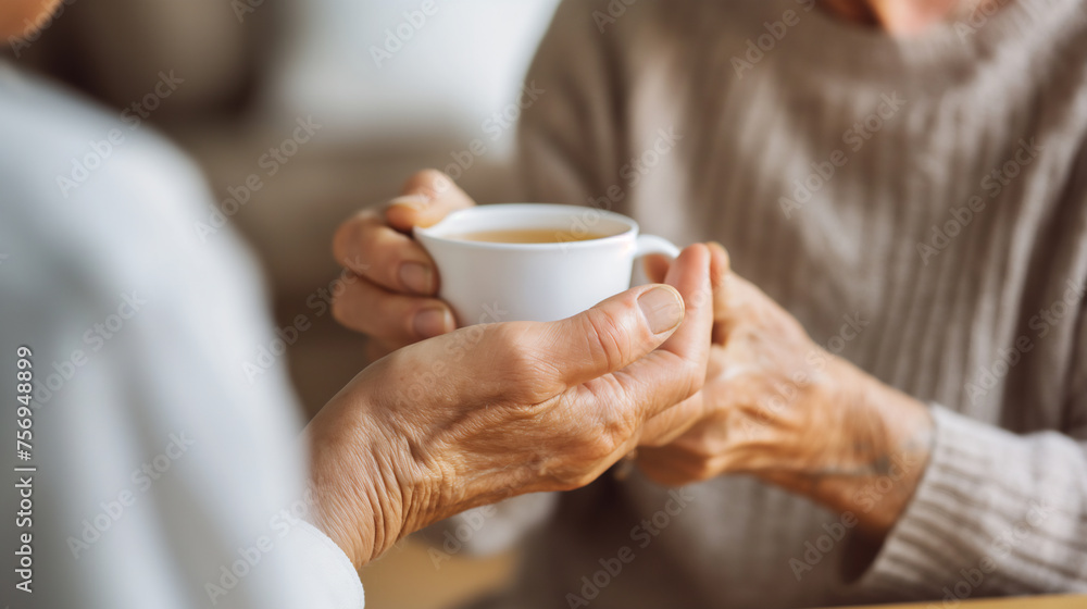 an elderly person with shaking hands, struggling to hold a cup of tea an elderly person with shaking hands, struggling to hold a cup of tea