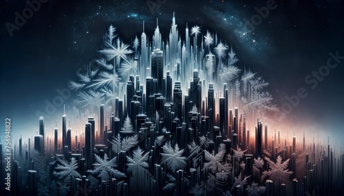 Detailed frost patterns spreading across the glass like a city skyline or urban landscape against a night sky-colored background.
