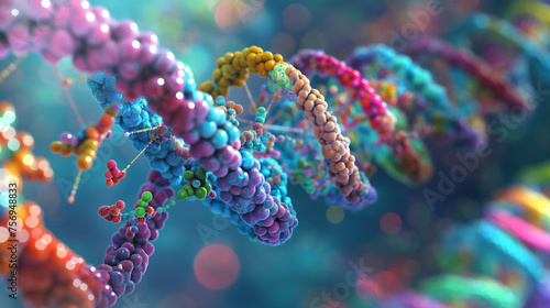 a detailed molecular structure of RNA molecules being targeted by splice-modifying drugs, with colorful strands representing different RNA sequences being altered